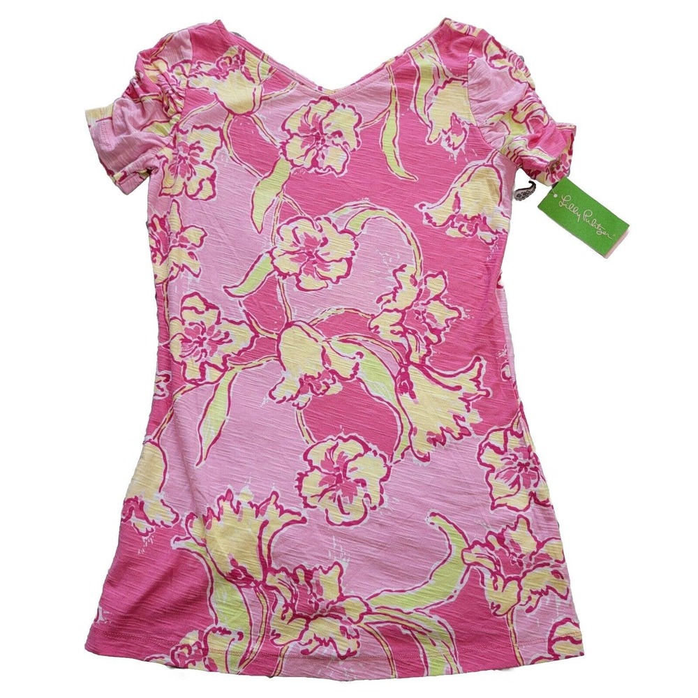 Lilly Pulitzer XS Leila Top T Shirt Ruched Short Sleeve V Neck Daylily Print NWT